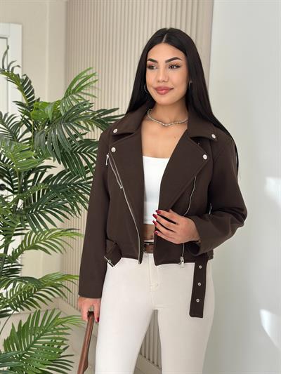 Beli Kemerli Kaşe Ceket Kahve