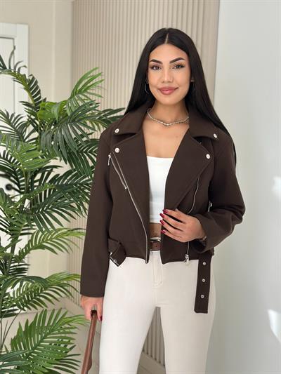 Beli Kemerli Kaşe Ceket Kahve