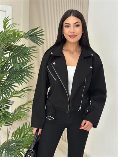 Beli Kemerli Kaşe Ceket Siyah