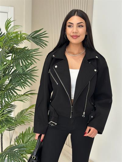 Beli Kemerli Kaşe Ceket Siyah