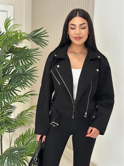 Beli Kemerli Kaşe Ceket Siyah