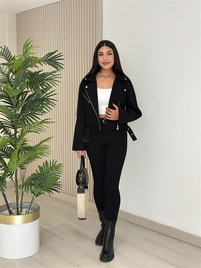 Beli Kemerli Kaşe Ceket Siyah