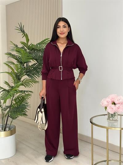 Beli Kemerli Modal Kumaş Takım Bordo