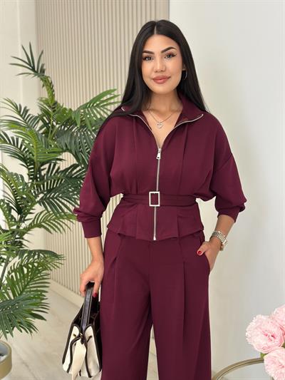 Beli Kemerli Modal Kumaş Takım Bordo