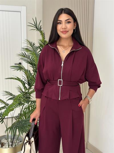 Beli Kemerli Modal Kumaş Takım Bordo