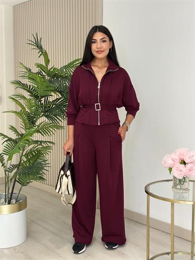 Beli Kemerli Modal Kumaş Takım Bordo