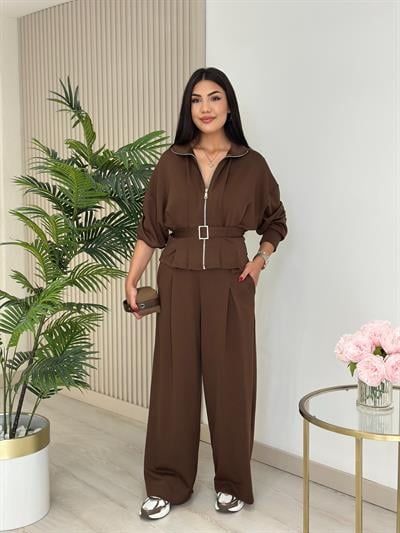 Beli Kemerli Modal Kumaş Takım Kahve