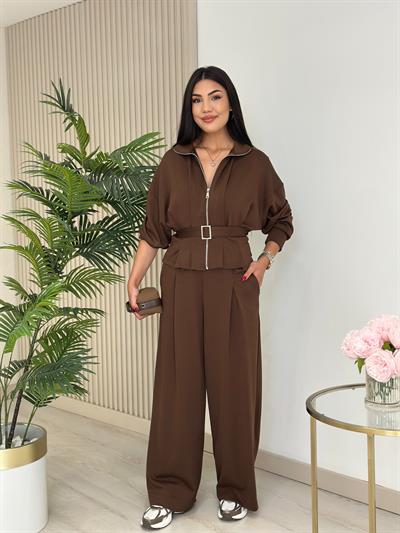 Beli Kemerli Modal Kumaş Takım Kahve