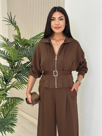 Beli Kemerli Modal Kumaş Takım Kahve