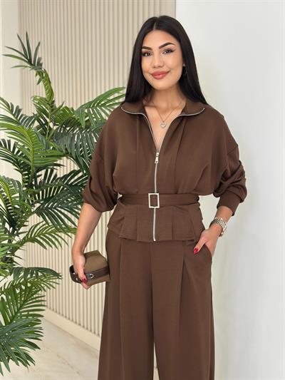 Beli Kemerli Modal Kumaş Takım Kahve