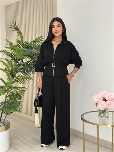 Beli Kemerli Modal Kumaş Takım Siyah