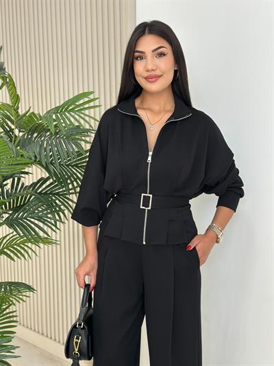 Beli Kemerli Modal Kumaş Takım Siyah