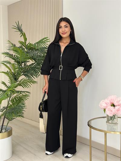 Beli Kemerli Modal Kumaş Takım Siyah