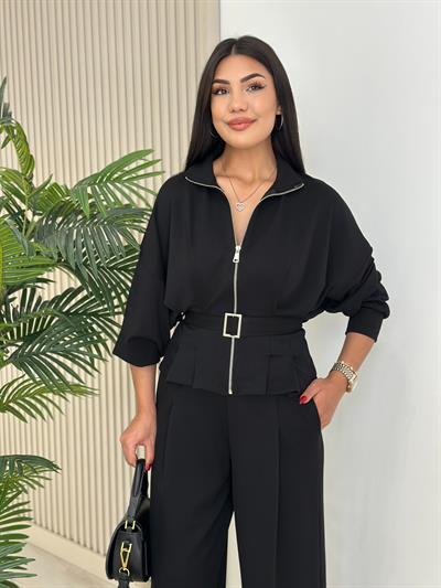 Beli Kemerli Modal Kumaş Takım Siyah
