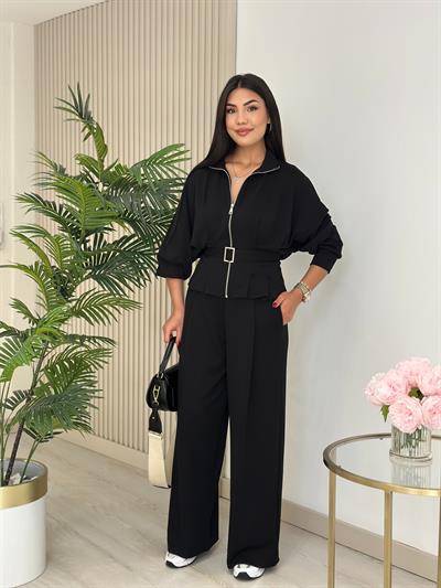 Beli Kemerli Modal Kumaş Takım Siyah