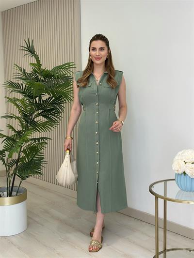 Beli Kemerli Sıfır Kol Düğmeli Keten Elbise Haki