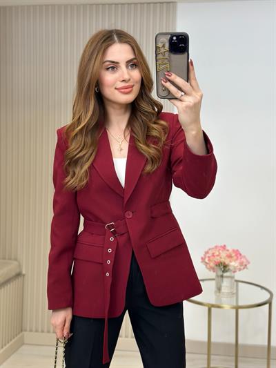 Beli Kemerli Tek Düğmeli Blazer Ceket Bordo