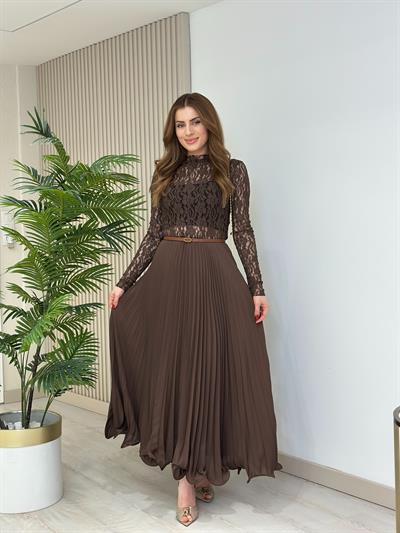 Beli Lastikli Astarlı Şifon Piliseli Etek Kahve