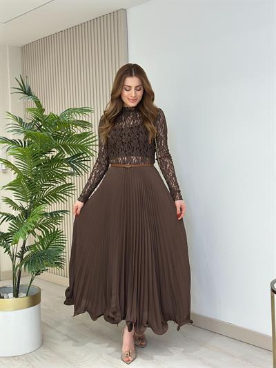 Beli Lastikli Astarlı Şifon Piliseli Etek Kahve