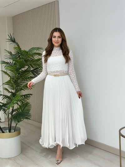 Beli Lastikli Astarlı Şifon Piliseli Etek Beyaz