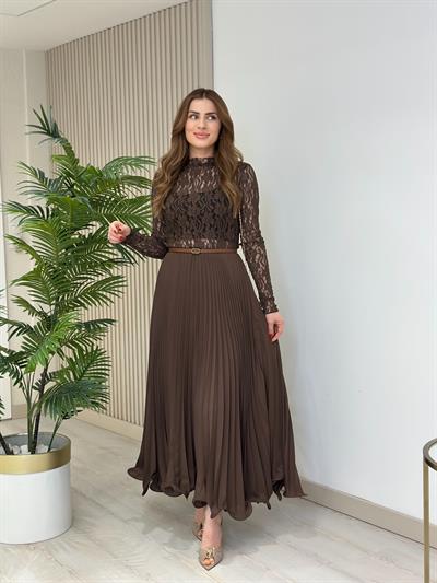 Beli Lastikli Astarlı Şifon Piliseli Etek Kahve