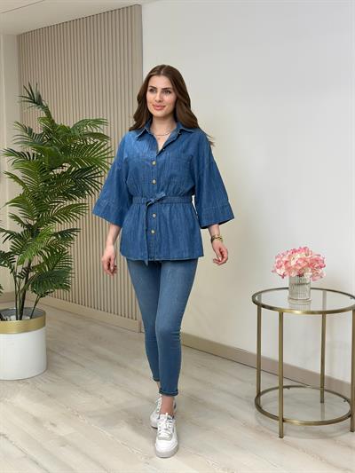 Beli Lastikli Bağcıklı Jean Gömlek 