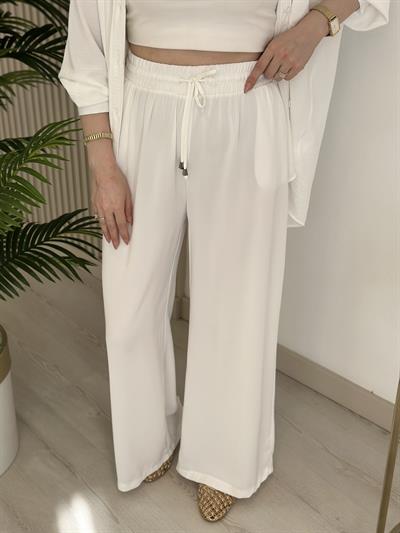 Beli Lastikli Bol Paça Pantolon Beyaz