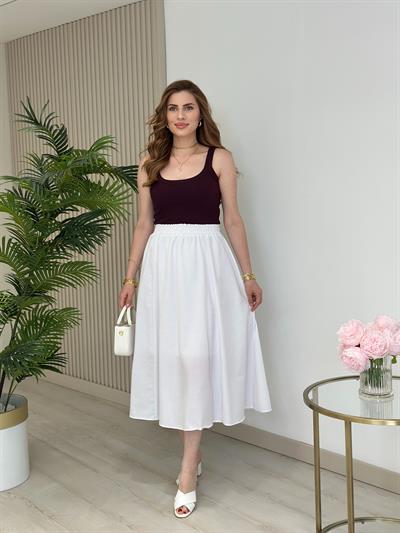 Beli Lastikli Cepli Poplin Kumaş Etek Beyaz