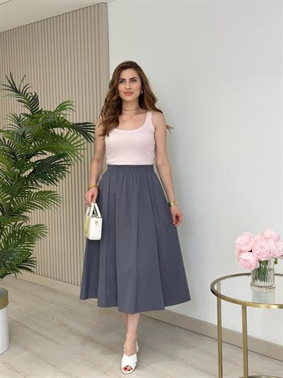 Beli Lastikli Cepli Poplin Kumaş Etek Gri
