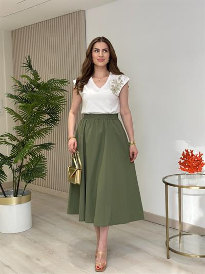 Beli Lastikli Cepli Poplin Kumaş Etek Çağla Yeşil