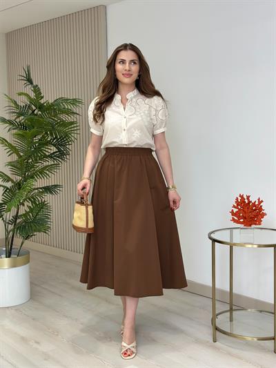 Beli Lastikli Cepli Poplin Kumaş Etek Kahve 