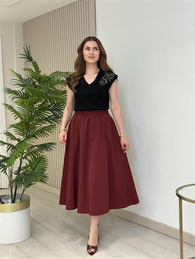 Beli Lastikli Cepli Poplin Kumaş Etek Bordo