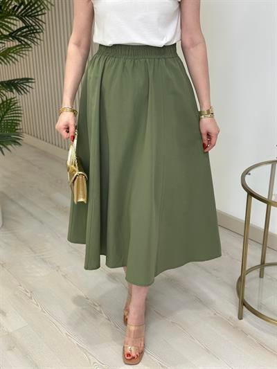 Beli Lastikli Cepli Poplin Kumaş Etek Çağla Yeşil