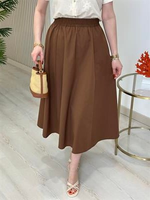 Beli Lastikli Cepli Poplin Kumaş Etek Kahve 