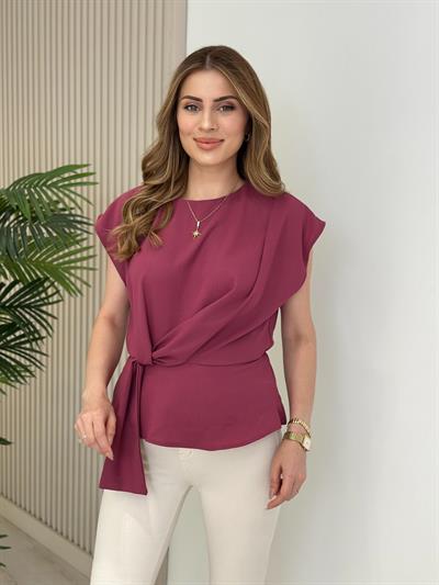 Beli Lastikli Detaylı Krep Bluz Mürdüm