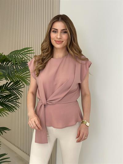 Beli Lastikli Detaylı Krep Bluz Pudra