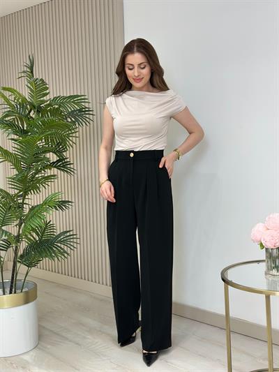 Beli Lastikli Gold Düğmeli Palazzo Pantolon Siyah