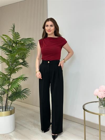 Beli Lastikli Gold Düğmeli Palazzo Pantolon Siyah