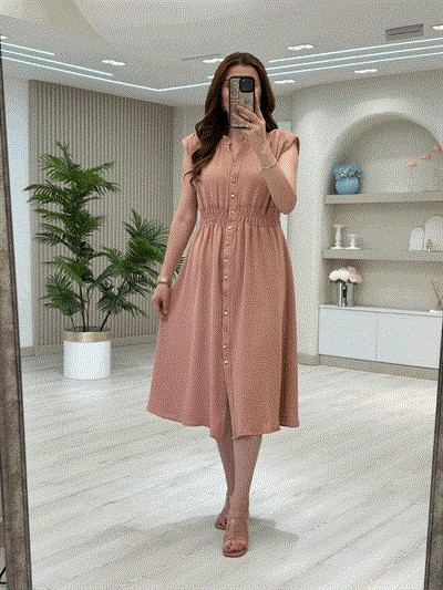 Beli Lastikli Vatkalı Elbise Pudra