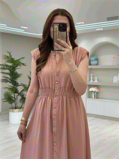 Beli Lastikli Vatkalı Elbise Pudra