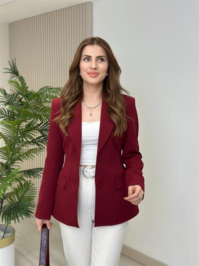 Beli Pensli Düğmeli Blazer Ceket Bordo