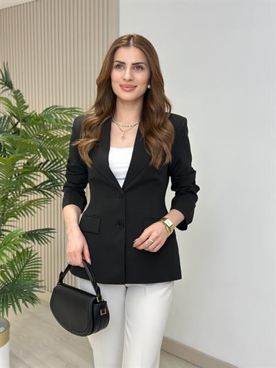 Beli Pensli Düğmeli Blazer Ceket Siyah 