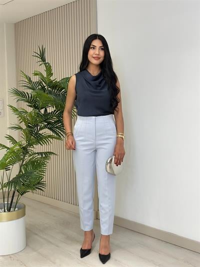 Beli Pensli Yüksek Bel Atlas Kumaş Pantolon Gri