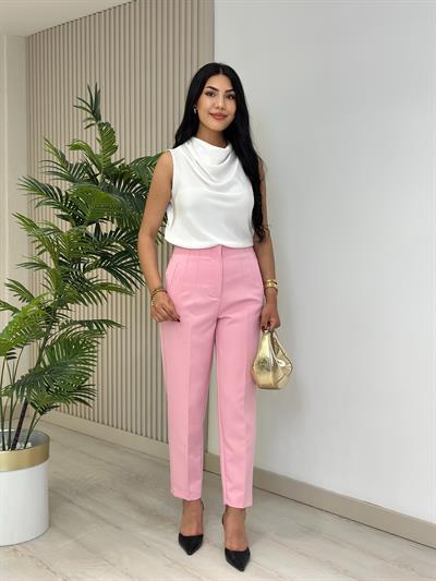 Beli Pensli Yüksek Bel Atlas Kumaş Pantolon Pembe