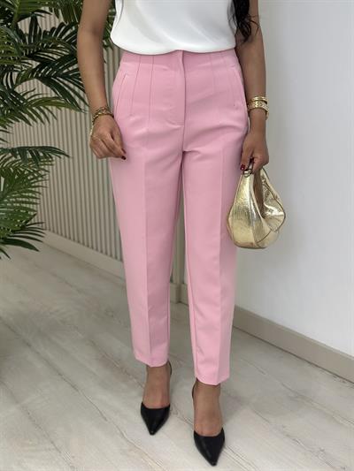 Beli Pensli Yüksek Bel Atlas Kumaş Pantolon Pembe