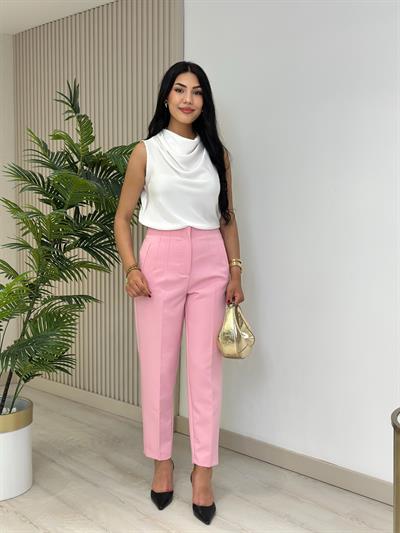 Beli Pensli Yüksek Bel Atlas Kumaş Pantolon Pembe