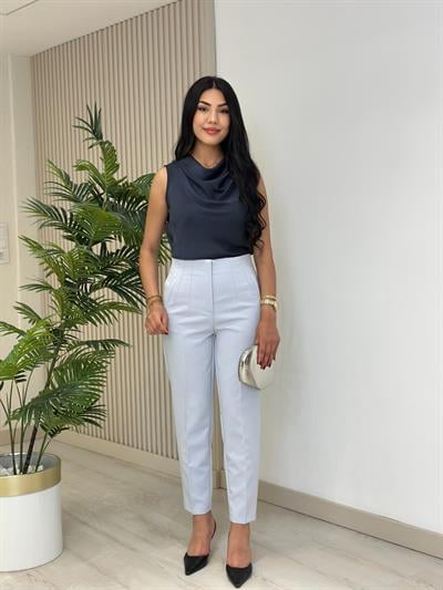 Beli Pensli Yüksek Bel Atlas Kumaş Pantolon Gri