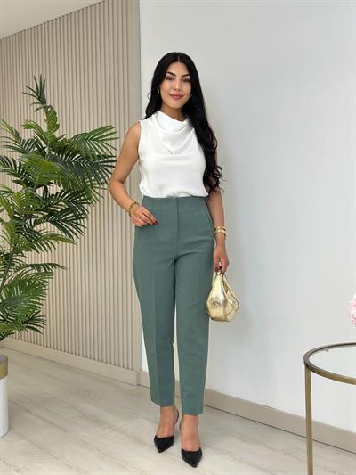 Beli Pensli Yüksek Bel Atlas Kumaş Pantolon Mint