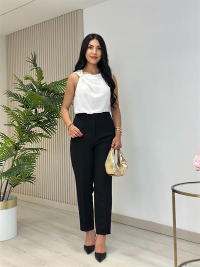 Beli Pensli Yüksek Bel Atlas Kumaş Pantolon Siyah