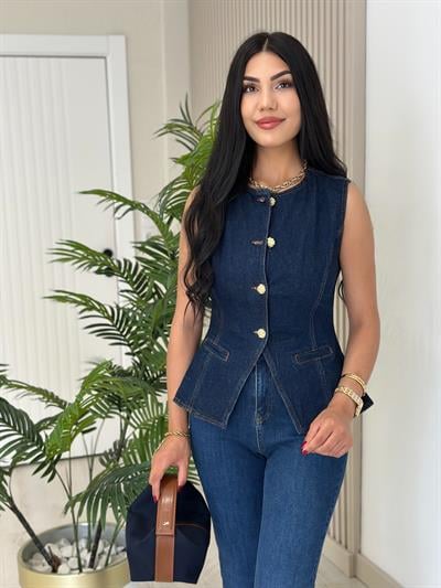 Belden Oturan Gold Düğmeli Kot Yelek Lacivert 